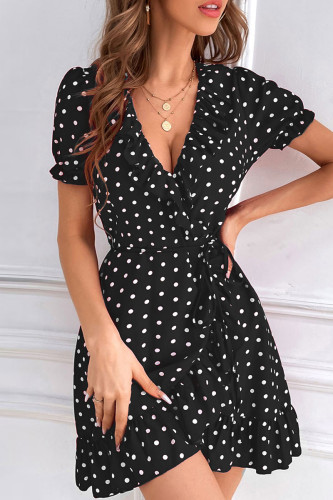 Black Casual Dot Print Bandage V Neck Short Sleeve Dress