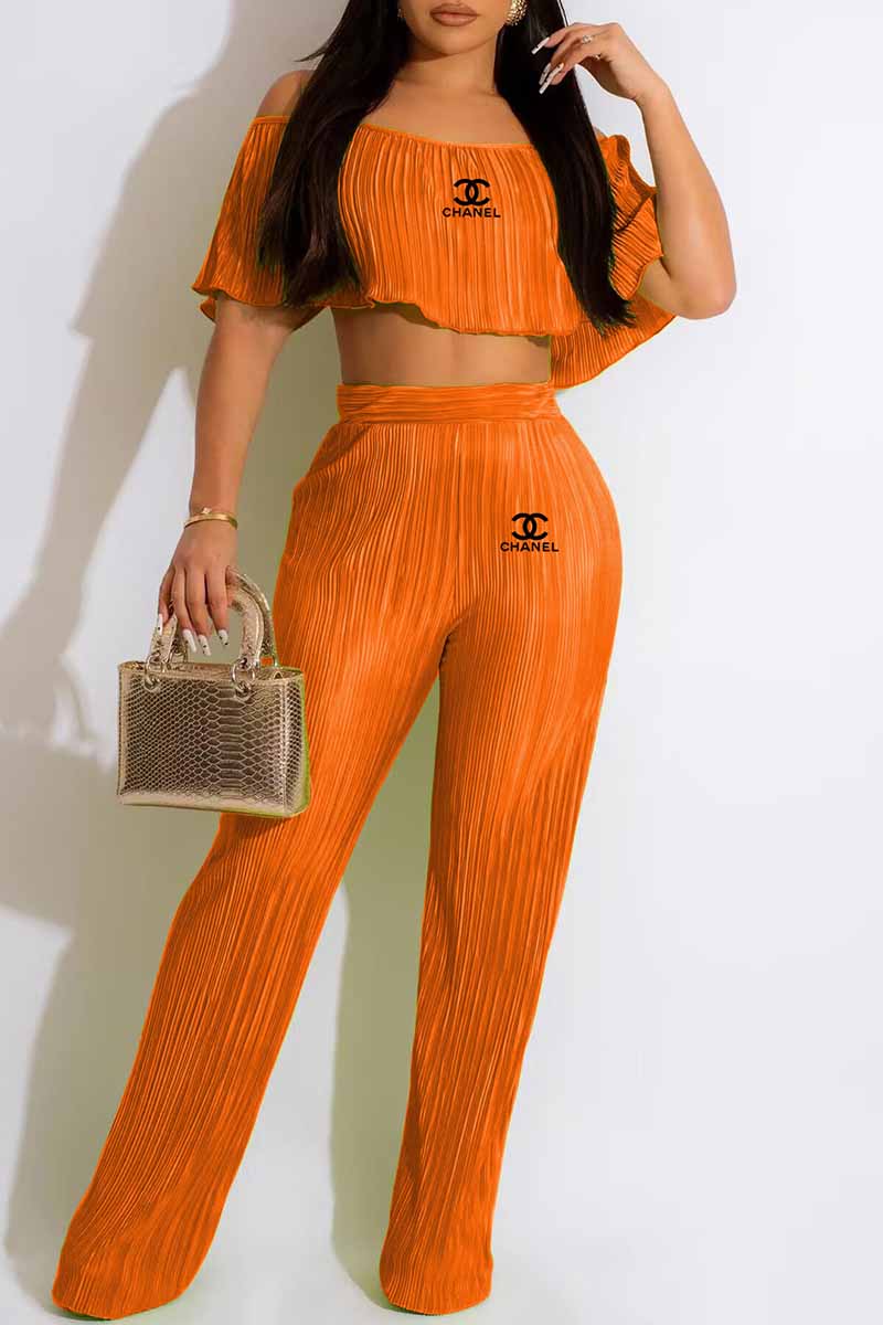 

Tangerine Red Elegant Print Letter Off the Shoulder Sleeveless Two Pieces