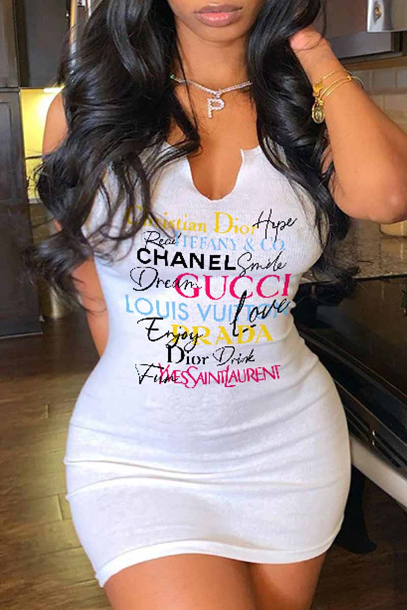 White Sexy Print Letter U Neck One Step Skirt Dresses