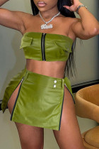 Army Green Sexy Solid Patchwork Thigh Split Zipper Strapless Sleeveless Two Pieces Tube Crop Tops And Skirt Sets