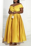 Gold Sexy Formal Solid Patchwork Backless mit Schleife aus der Schulter Abendkleid Plus Size Kleider