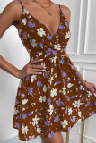 Coffee Sexy Casual Print Backless V Neck Sling Dress Dresses