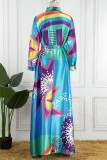 Красочные синие винтажные элегантные лоскутные платья с воротником-стойкой и принтом трапециевидной формы