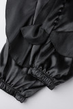 Zwarte casual effen patchwork normale hoge taille conventionele patchwork broek
