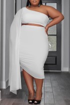 Vit Sexig Solid Patchwork Backless Oblique Collar Plus Size Two Pieces