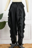Zwarte casual effen patchwork normale hoge taille conventionele patchwork broek