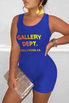 Blue Sexy Print Letter U Neck Rompers