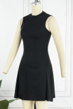 Черное повседневное однотонное базовое платье без рукавов с высоким воротником без рукавов Платья