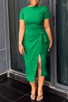 Green Casual Solid Slit O Neck Short Sleeve Two Pieces