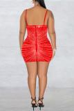 Rouge Sexy Patchwork Hot Drilling Transparent Dos Nu Spaghetti Strap Robe Sans Manches
