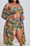 Lila Sexy Print Cosplay V-Ausschnitt Plus Size Badeanzug dreiteiliges Set (mit Polsterungen)