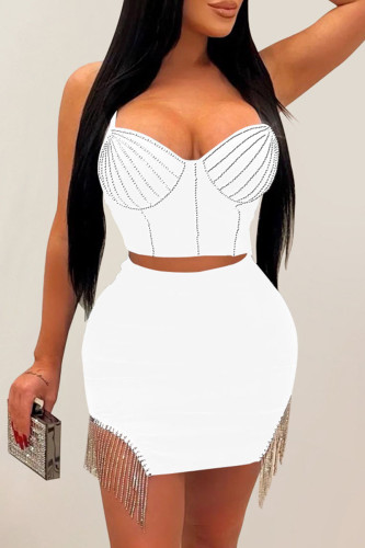 White Sexy Patchwork Hot Drilling Tassel Backless Spaghetti Strap Sleeveless Two Pieces