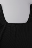 Blusas pretas casuais esportivas com patchwork sólido decote em U