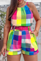 Multicolor Rainbow Casual Print With Belt O Neck Sleeveless Two Pieces Tank Tops And Shorts Sets