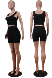 Black Sexy Solid Draw String Square Collar Sleeveless Two Pieces