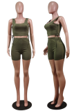 Ink Green Sexy Solid Draw String Square Collar Sleeveless Two Pieces
