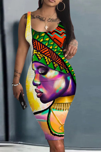 Colour Casual Street Print Patchwork U Neck Pencil Skirt Dresses