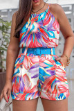 Blue Rainbow Casual Print With Belt O Neck Sleeveless Two Pieces Tank Tops And Shorts Sets