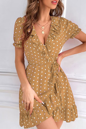 Khaki Casual Dot Print Bandage V Neck Short Sleeve Dress