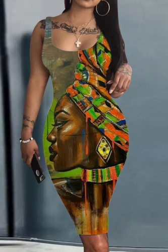 Green Casual Street Print Patchwork U Neck Vest Dress Dresses