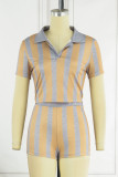 Brownness Sexy Striped Print Bandage Patchwork Backless Turndown Collar Short Sleeve Two Pieces