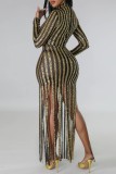 ゴールドのセクシーなパッチワーク タッセル スパンコール シースルー ハーフ A タートルネック長袖ドレス