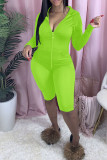 Флуоресцентно-зеленая повседневная спортивная одежда Твердые пэчворк Молния Воротник с капюшоном Длинный рукав Из двух частей