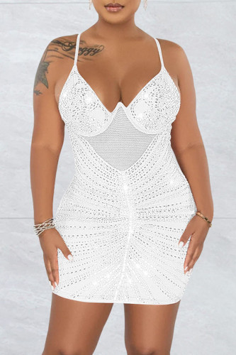 White Sexy Patchwork Hot Drilling See-through Backless Spaghetti Strap Sleeveless Dress Dresses