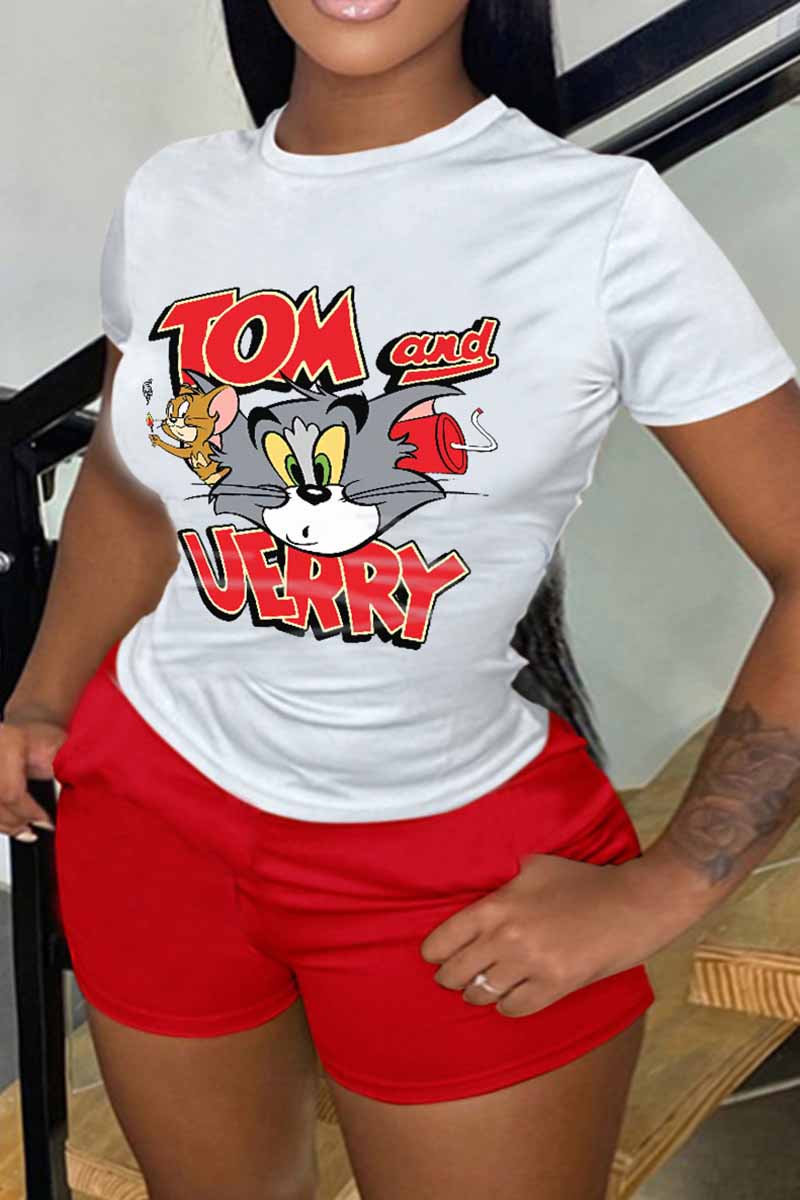 

Red White Casual Character Print Letter O Neck Short Sleeve Two Pieces