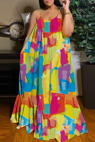 Red Yellow Casual Street Print Patchwork Spaghetti Strap Sling Dress Dresses