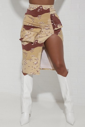 Faldas sexy estampado casual con abertura asimétrica flaca cintura alta estampado completo convencional amarillo