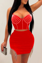 Red Sexy Patchwork Hot Drilling Tassel Backless Spaghetti Strap Sleeveless Two Pieces