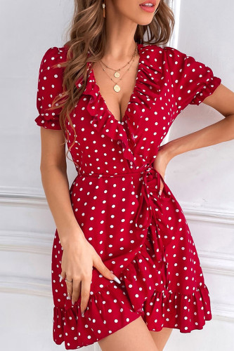 Red Casual Dot Print Bandage V Neck Short Sleeve Dress