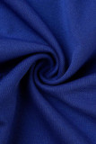 Deep Blue Elegant Solid Patchwork Oblique Collar One Step Kjolklänningar