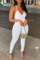 White Sexy Solid Backless Spaghetti Strap Skinny Jumpsuits