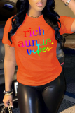 Oranje casual eenvoud print patchwork T-shirts met letter O-hals