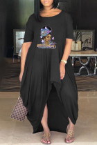 Черное повседневное базовое платье с круглым вырезом и коротким рукавом с принтом Платья больших размеров
