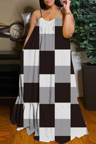 Black Gray Casual Street Print Patchwork Spaghetti Strap Sling Dress Dresses