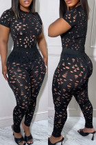 Black Sexy Solid Hollowed Out O Neck Short Sleeve Two Pieces Ripped T-shirts Tops And Skinny Pants Sets