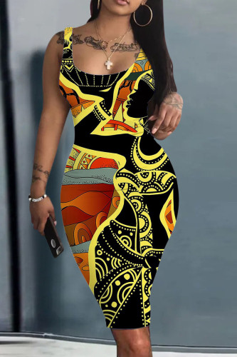 Black Yellow Casual Street Print Patchwork U Neck Pencil Skirt Dresses