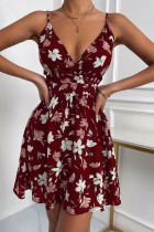 Bourgondische sexy casual print backless v-hals sling jurk jurken