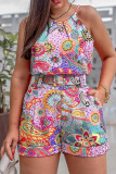 Orange Rainbow Casual Print With Belt O Neck Sleeveless Two Pieces Tank Tops And Shorts Sets