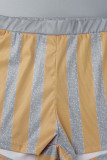 Коричневый сексуальный полосатый принт бинты пэчворк с открытой спиной отложной воротник короткий рукав из двух частей