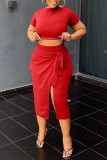 Red Casual Solid Slit O Neck Short Sleeve Two Pieces