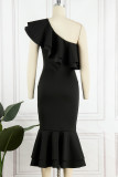 Black Sexy Formal Solid Patchwork Backless Oblique Collar Evening Dress Dresses