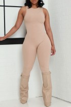 Apricot Casual Solid Basic O Neck Skinny Jumpsuits