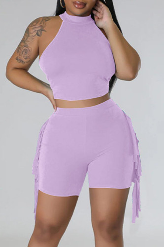 Light Purple Sexy Solid Tassel Patchwork O Neck Sleeveless Two Pieces