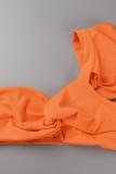 Orange Sexy Solide Patchwork Volant Col Asymétrique Sans Manches Deux Pièces
