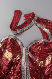 Rosso elegante solido scavato paillettes patchwork mezzo abito da sera a collo alto abiti da sera