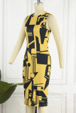 Yellow Casual Print Solid Basic O Neck Denim Dress Dresses